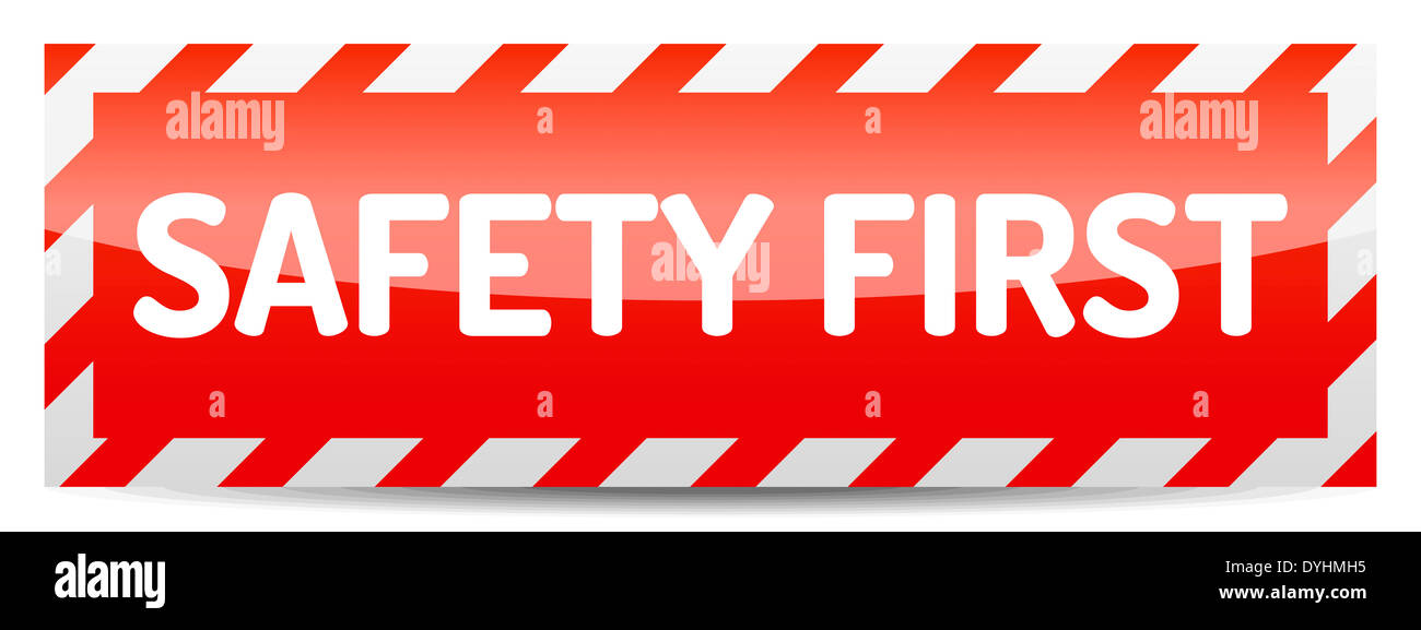 Red Safety first board with reflection and shadow on white background. Stock Photo