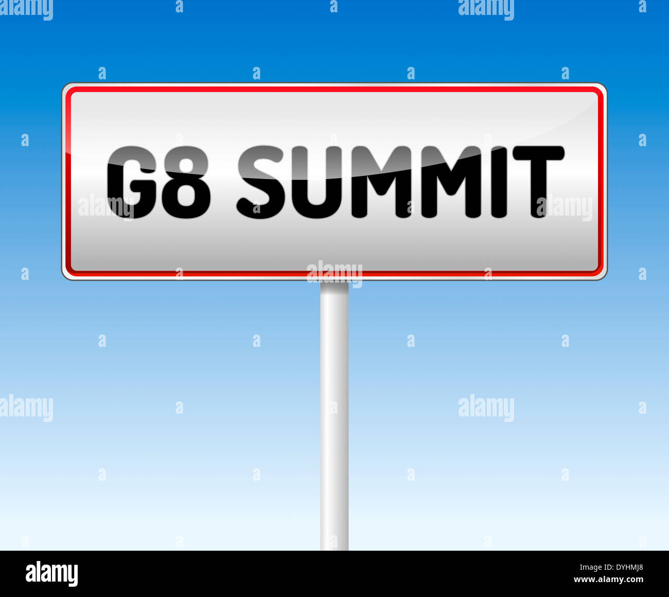 G8 Summit traffic board with blue sky background. Stock Photo