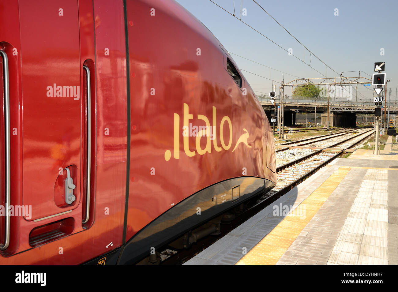 Italo's head train in the Porta Garibaldi train station (Milan). Train traffic lights Stock Photo