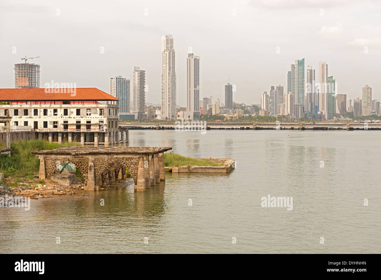 Old Panama houses at Casco Viejo, and Panama City skyscrapers on the