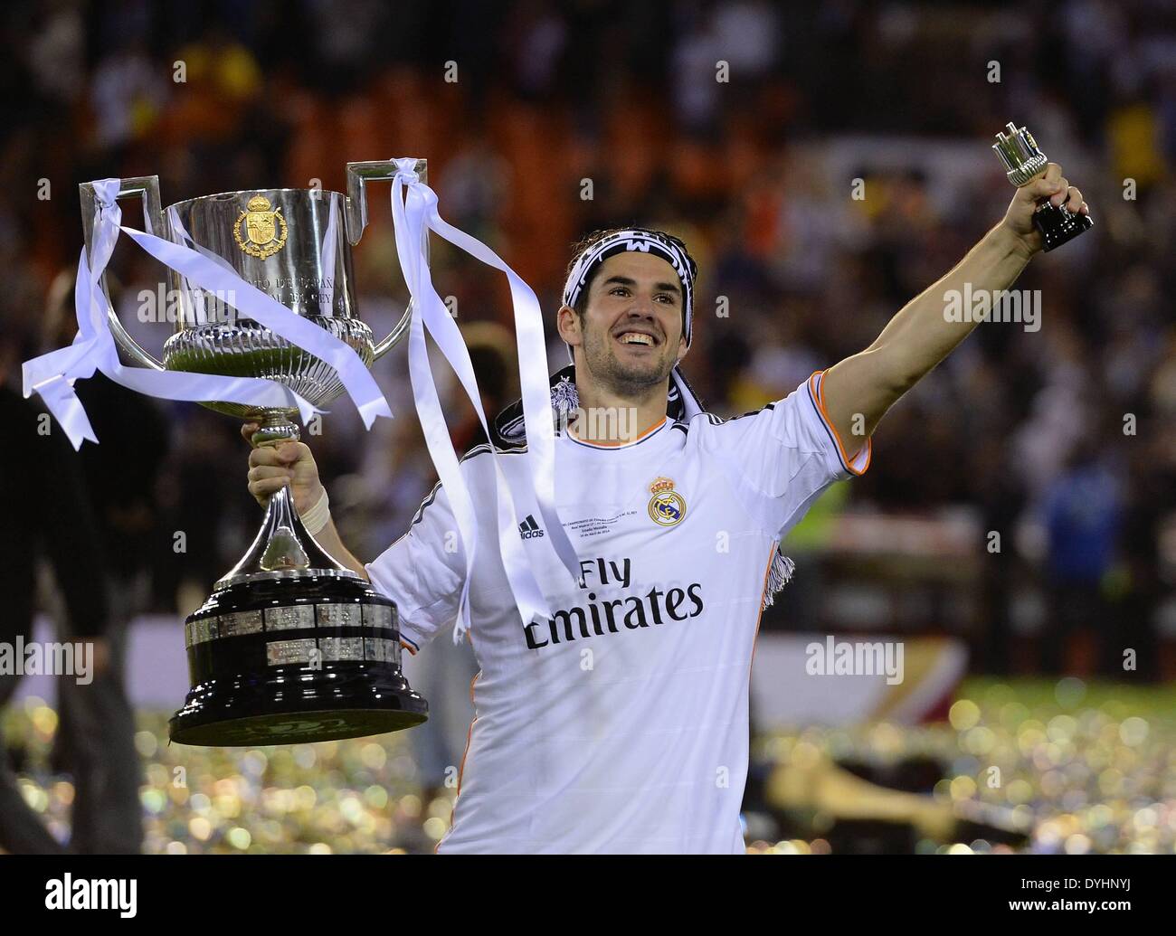 Mestalla, Valencia, Spain. 16th Apr, 2014. Copa Del Rey Cup final. Barcelona versus Real Madrid. Isco (Real Madrid) with the cup © Action Plus Sports/Alamy Live News Stock Photo