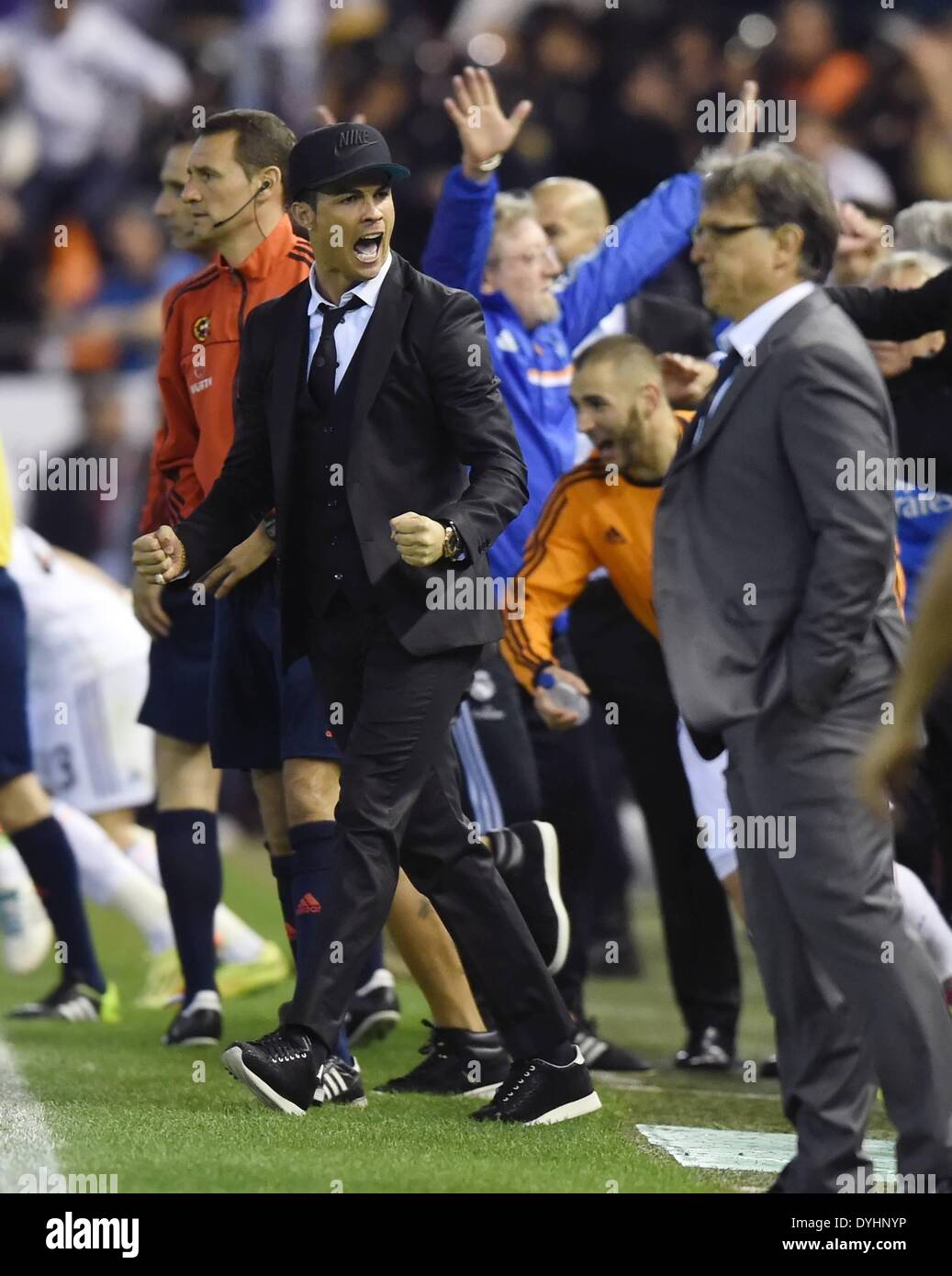 Mestalla, Valencia, Spain. 16th Apr, 2014. Copa Del Rey Cup final. Barcelona versus Real Madrid. Cristiano Ronaldo at the final whistle © Action Plus Sports/Alamy Live News Stock Photo