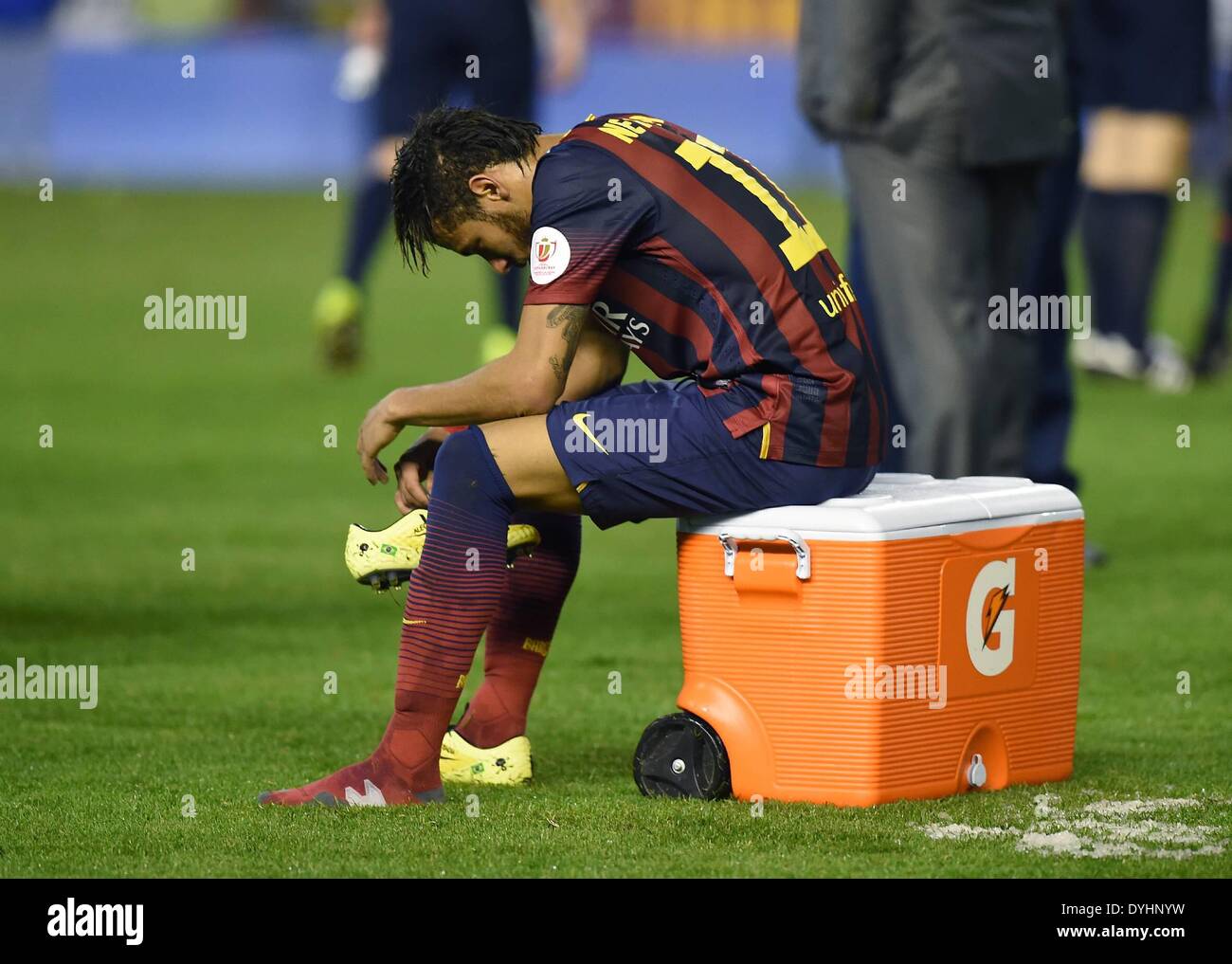 Mestalla, Valencia, Spain. 16th Apr, 2014. Copa Del Rey Cup final. Barcelona versus Real Madrid. Neymar sits on a box dejected at the final whistle © Action Plus Sports/Alamy Live News Stock Photo