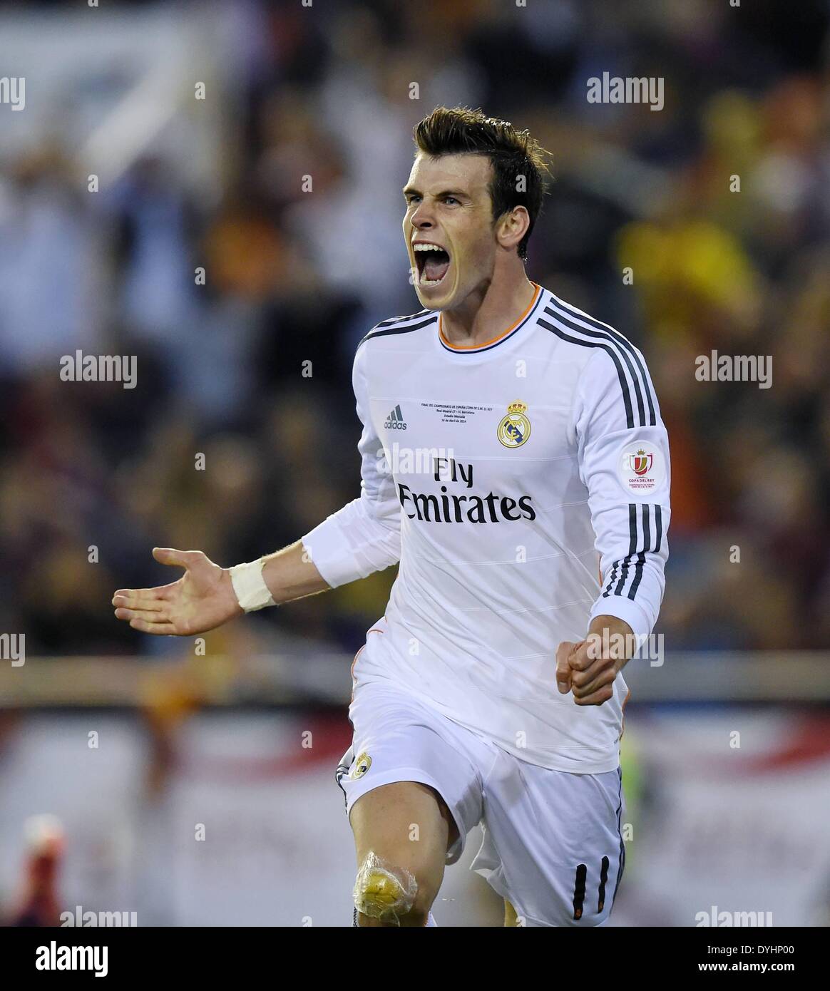 Mestalla, Valencia, Spain. 16th Apr, 2014. Copa Del Rey Cup final. Barcelona versus Real Madrid. Celebrations for the goal making it 1-2 from scorer Gareth Bale © Action Plus Sports/Alamy Live News Stock Photo