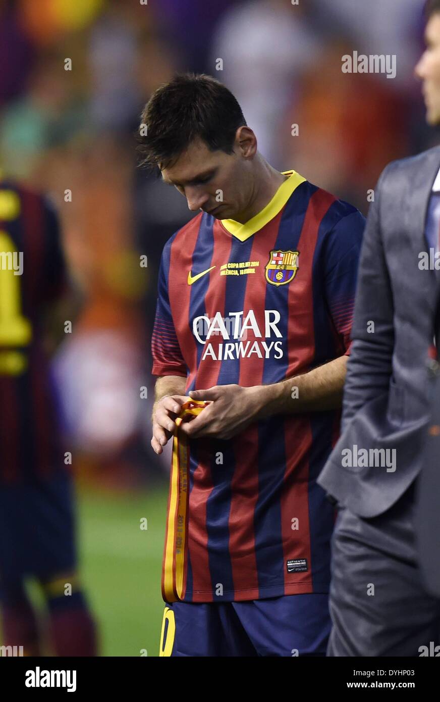Mestalla, Valencia, Spain. 16th Apr, 2014. Copa Del Rey Cup final. Barcelona versus Real Madrid. Lionel Messi with his losers medal © Action Plus Sports/Alamy Live News Stock Photo