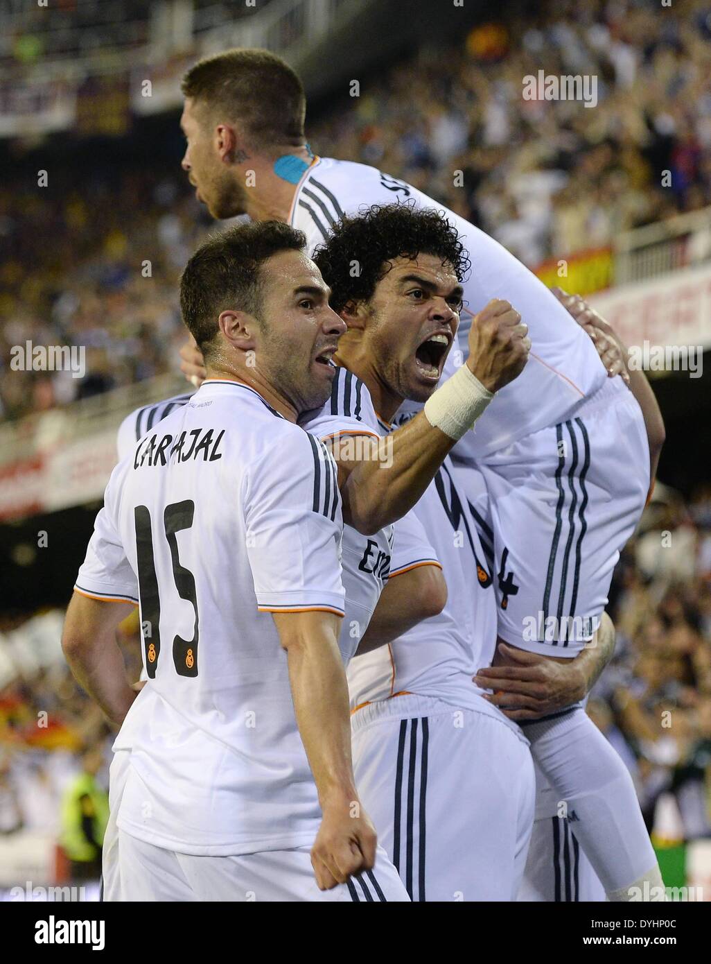 Mestalla, Valencia, Spain. 16th Apr, 2014. Copa Del Rey Cup final. Barcelona versus Real Madrid.Daniel Carvajal, Pepe and Sergio Ramos © Action Plus Sports/Alamy Live News Stock Photo