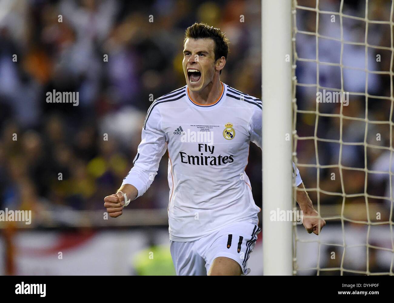 Mestalla, Valencia, Spain. 16th Apr, 2014. Copa Del Rey Cup final. Barcelona versus Real Madrid. Celebrations for his winning goal for 1-2 from Gareth Bale © Action Plus Sports/Alamy Live News Stock Photo
