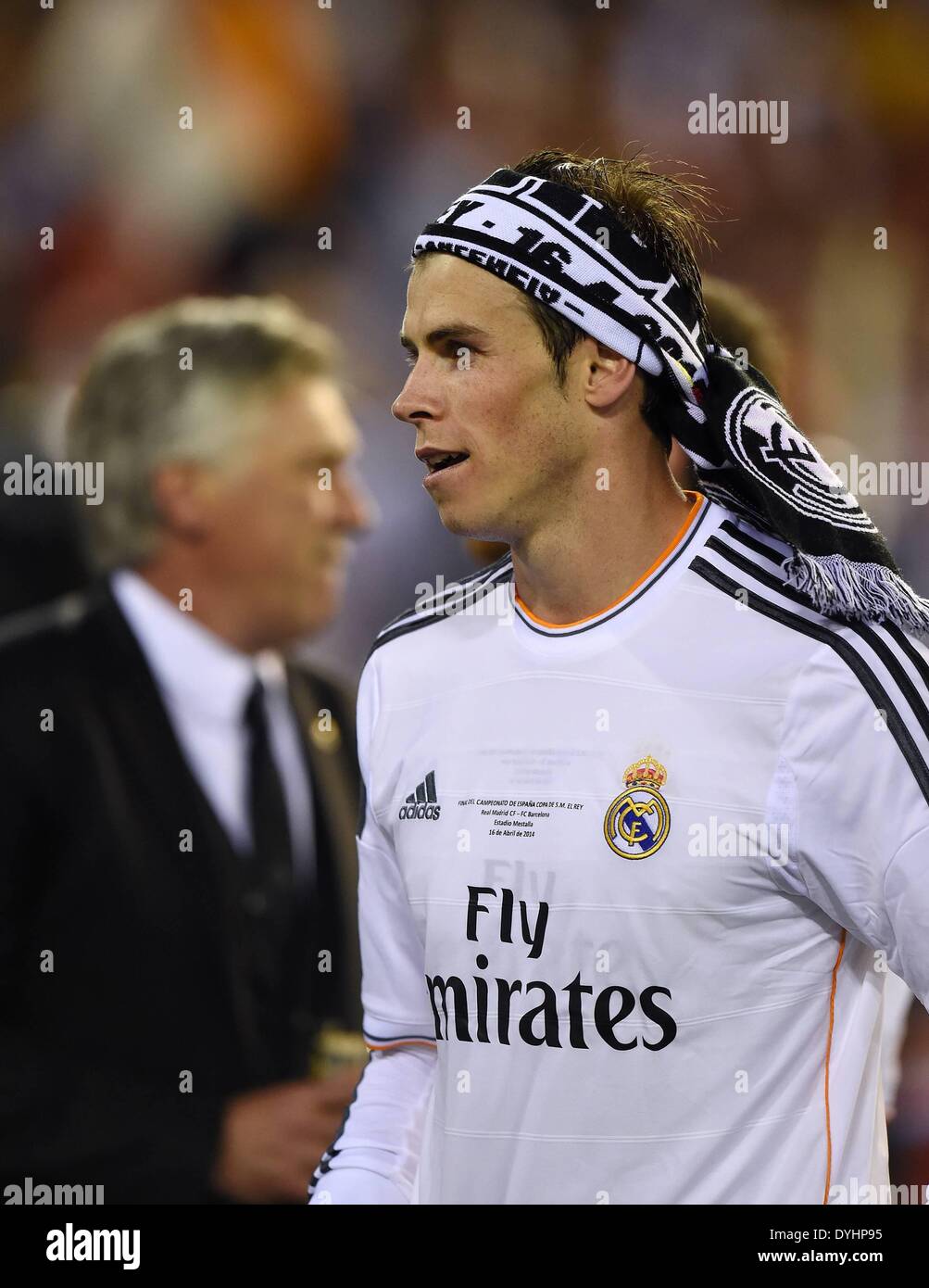 Mestalla, Valencia, Spain. 16th Apr, 2014. Copa Del Rey Cup final. Barcelona versus Real Madrid. Gareth Bale (Real Madrid) with the team scarf on his forehead © Action Plus Sports/Alamy Live News Stock Photo
