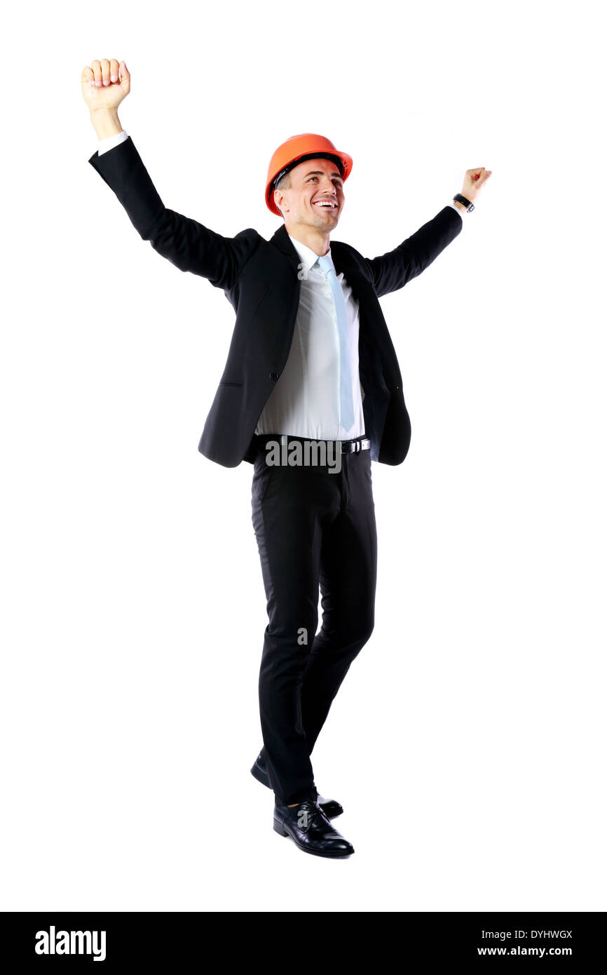 Full-length portrait of a cheerful businessman with hands raised over ...