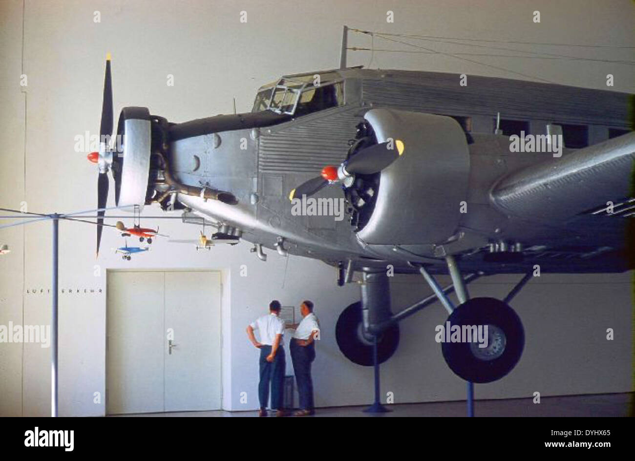 The Junkers Ju 52, displayed at the Deutsches Museum in Munich, was a German transport aircraft used during World War II. Known for its versatility, it was used for troop transport, airlift missions, and bombing raids during the conflict. Stock Photo