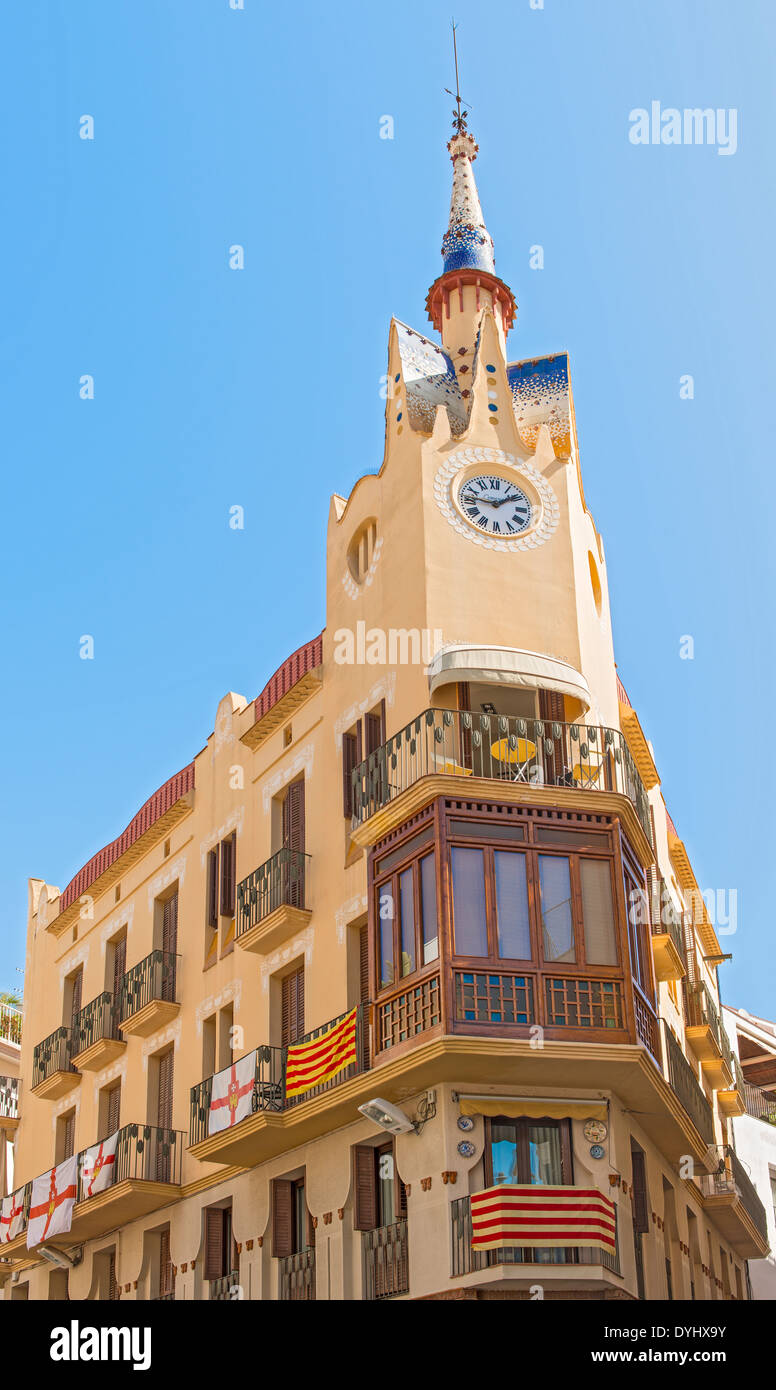 Sitges, Spain - September 21, 2013: View at old corner houses in Sitges, Spain. The town is major tourist place during the summe Stock Photo