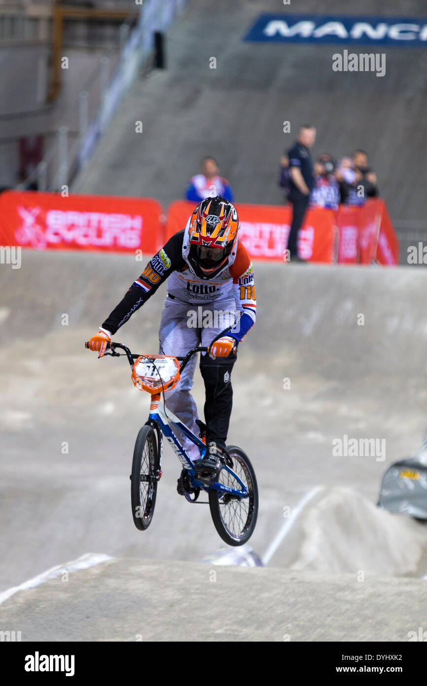 Manchester, UK. 18th April 2014. Laura SMULDERS P 110 Elite Women’s time-trial Final UCI BMX Supercross World Cup Manchester’s National Cycling Centre England, UK Credit:  Simon Balson/Alamy Live News Stock Photo