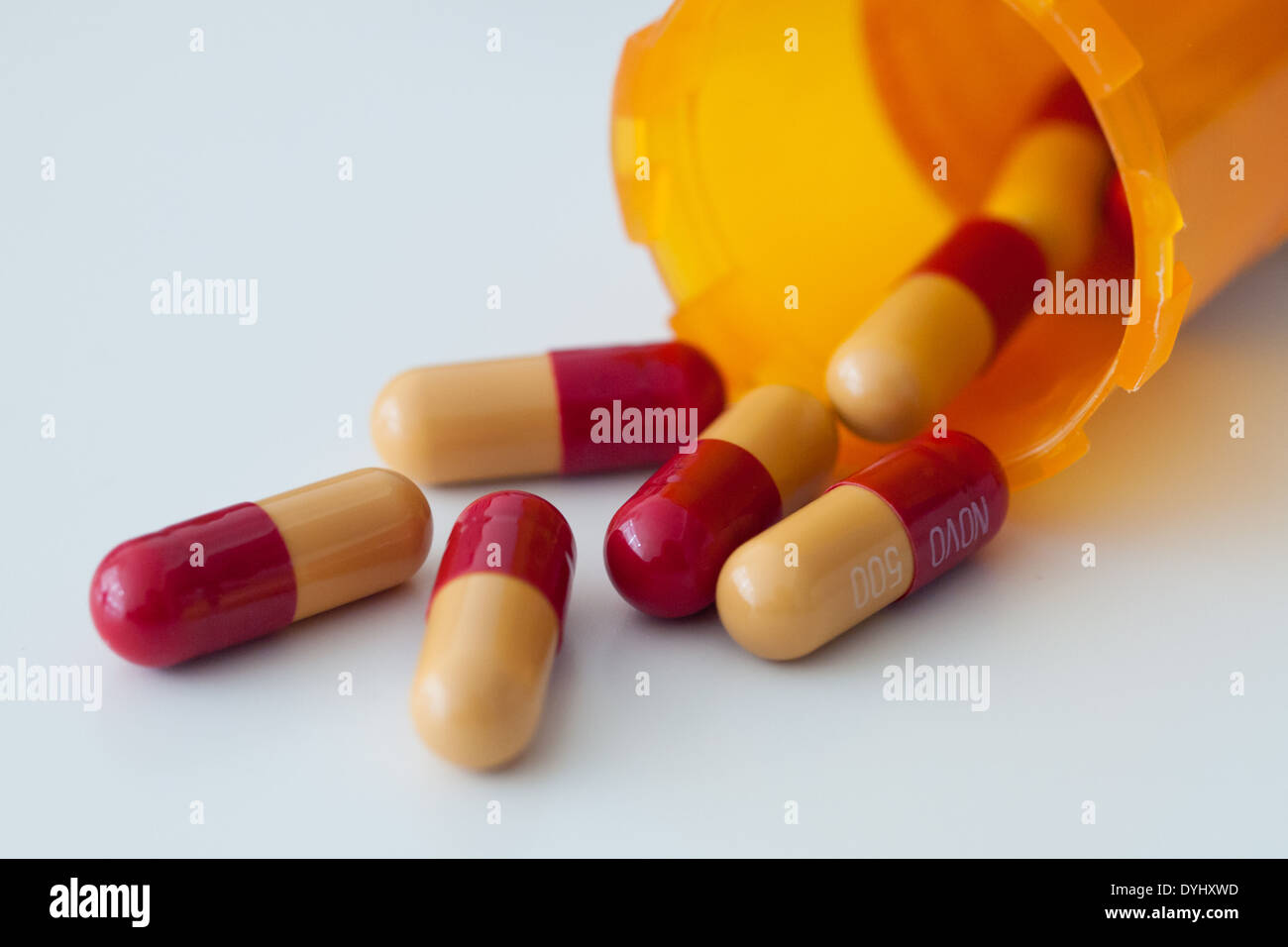Amoxicillin 500mg capsules, a commonly prescribed antibiotic to treat bacterial infections. Stock Photo