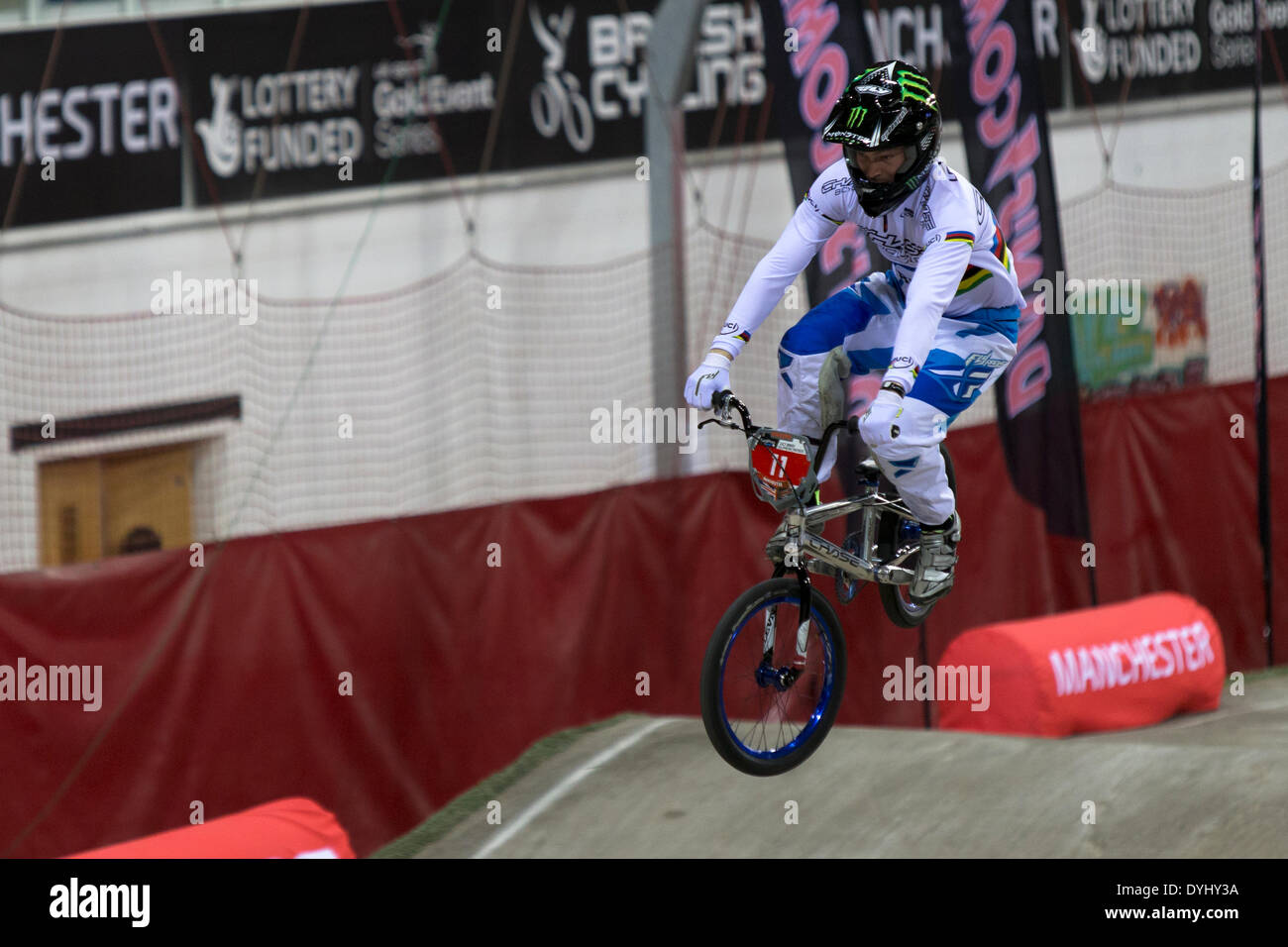 Manchester, UK. 18th April 2014. Connor FIELDS, Elite Men’s time-trial Final UCI BMX Supercross World Cup Manchester’s National Cycling Centre, England, UK. Credit:  Simon Balson/Alamy Live News Stock Photo