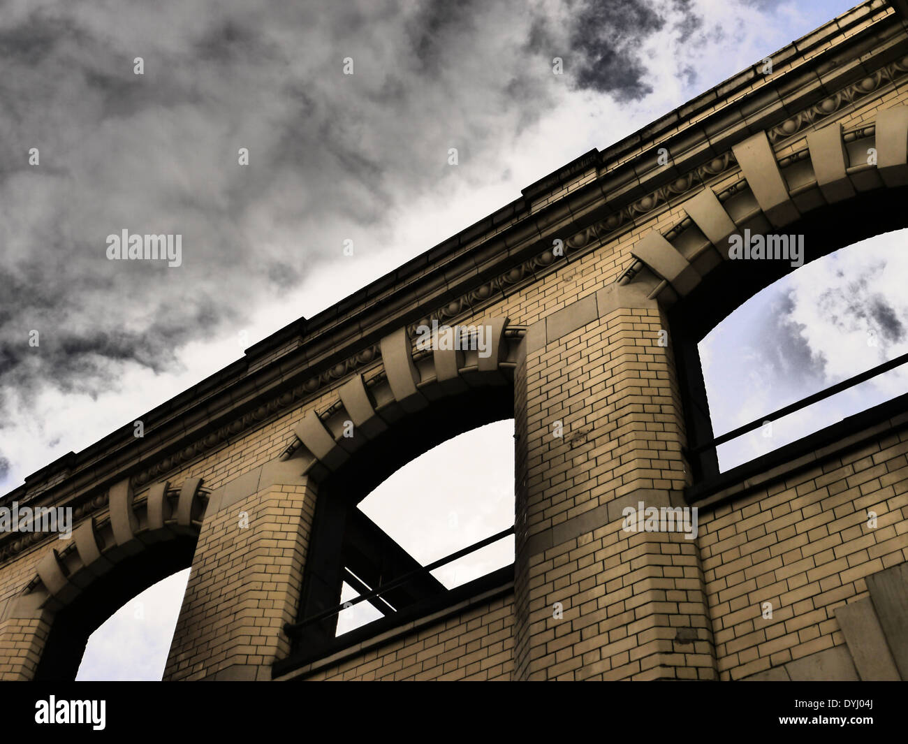 Creative image of architecture / architectural aspects of semi-derelict art-deco type building, Newcastle upon Tyne, England, UK Stock Photo