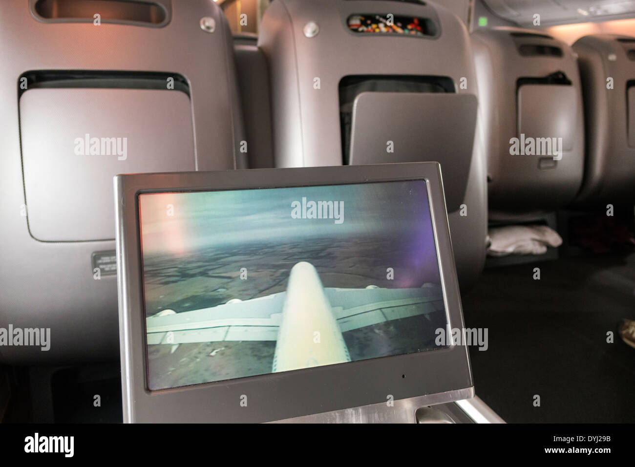 Melbourne Australia,Victoria Qantas,airlines,onboard,flight,passenger cabin,class,monitor,live view,commercial airliner airplane plane aircraft aeropl Stock Photo