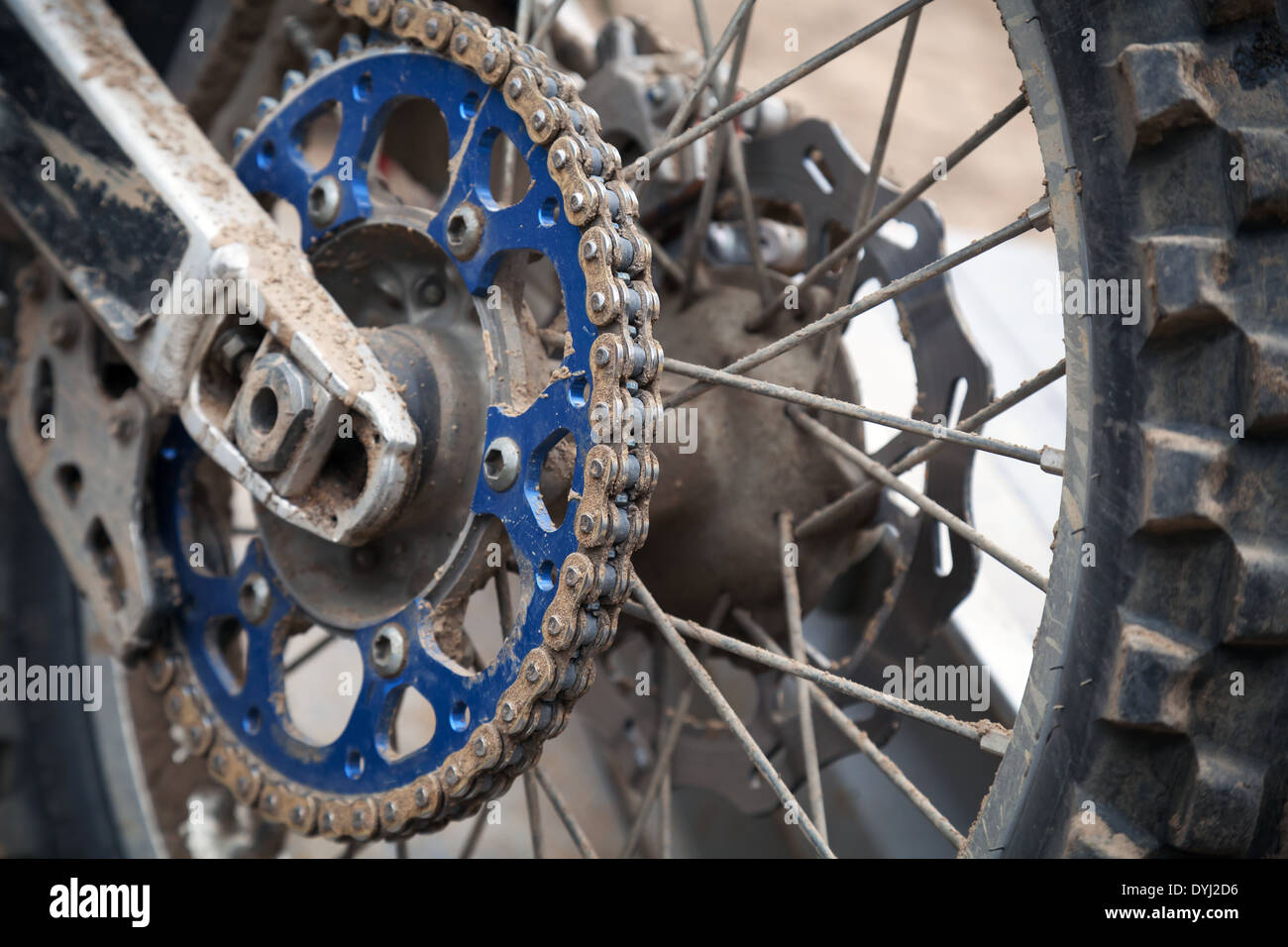 Close up fragment of rear sport motocross bike wheel Stock Photo