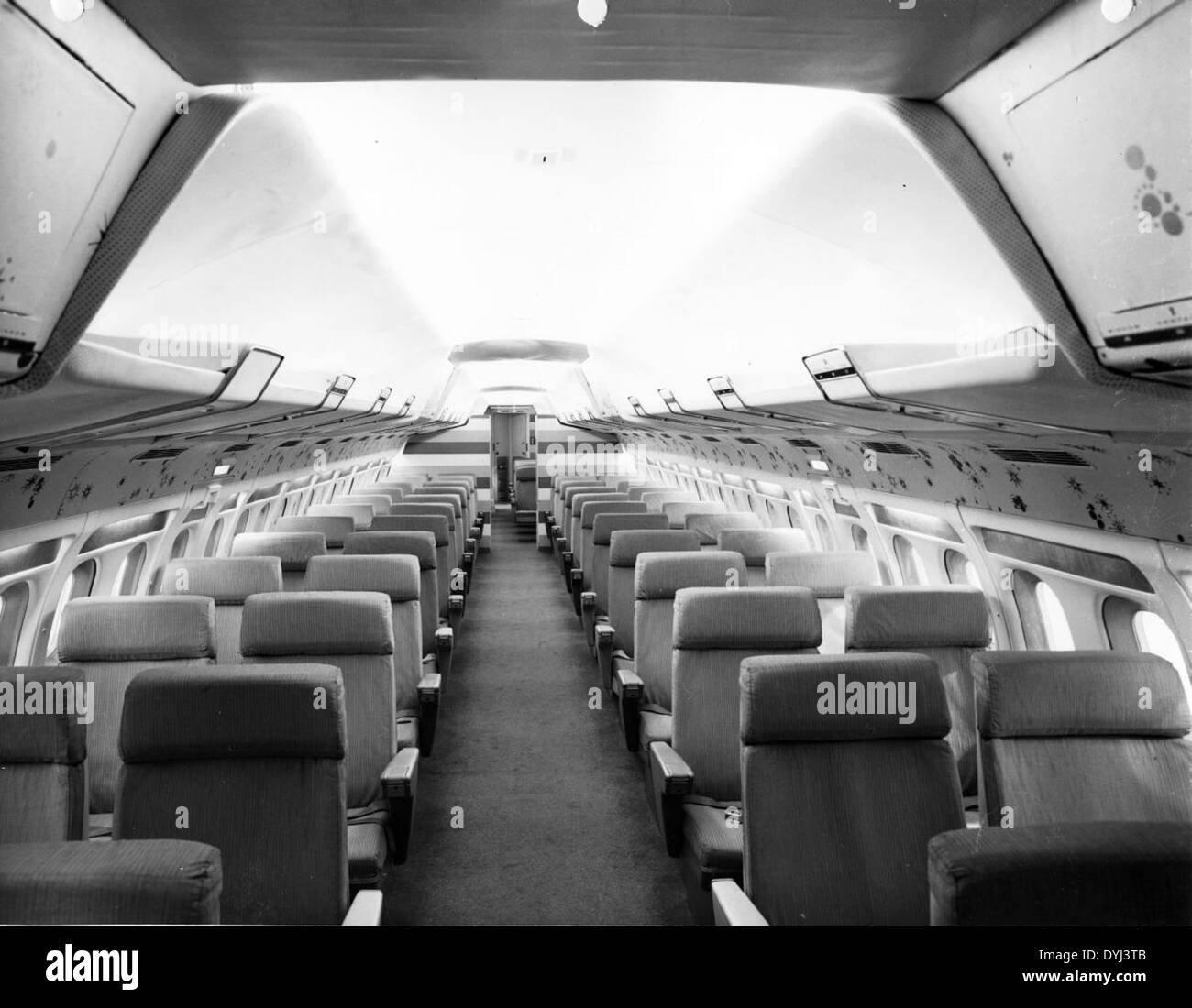 This photo displays the interior mock-up of the Convair 880, a commercial jet airliner developed in the late 1950s and 1960s. Known for its speed and efficiency, the Convair 880 was part of a competitive market of transcontinental airliners. Stock Photo