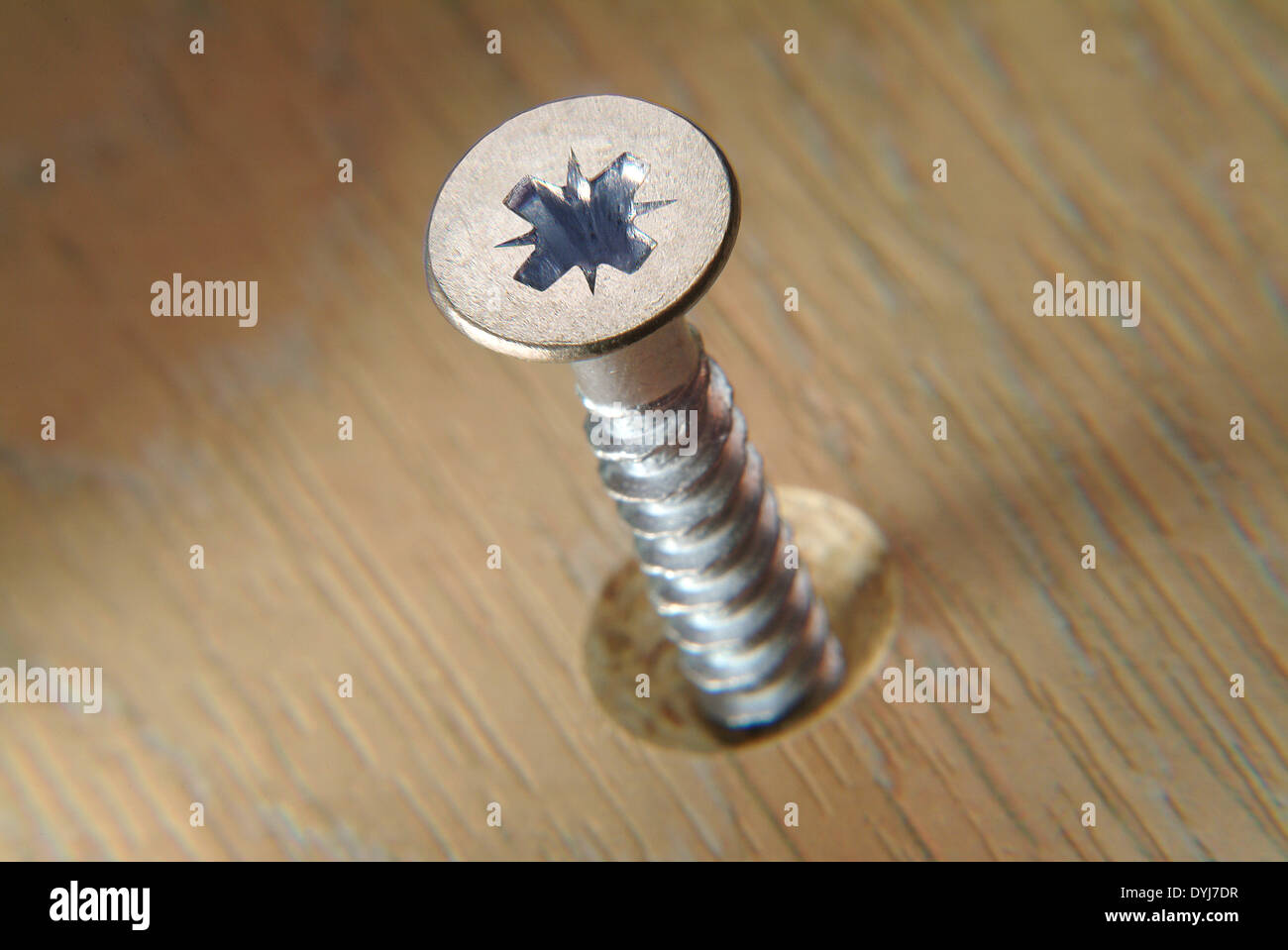 Wood screw halfdriven into wood with a countersunk hole Stock Photo
