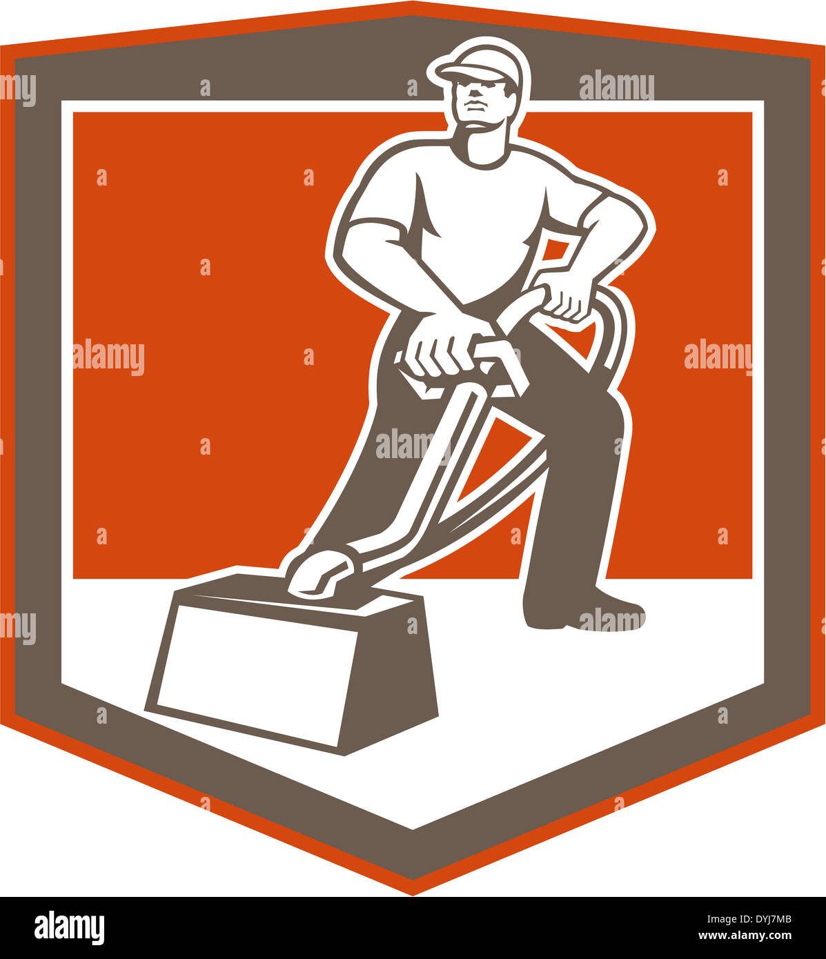 Illustration of a male carpet cleaner worker vacuuming cleaning with