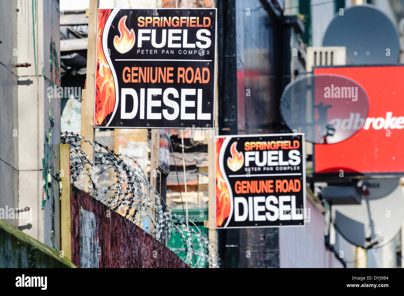 Signs at a fuel depot selling laundered and illegal diesel Stock Photo