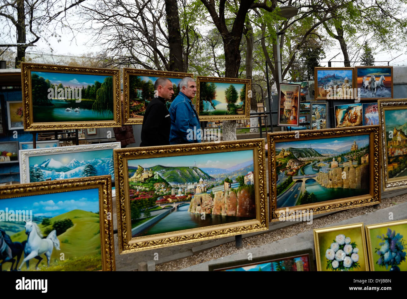 Paintings for sale in the 'Dry Bridge Bazaar' Flea market in Tbilisi capital of the Republic of Georgia Stock Photo