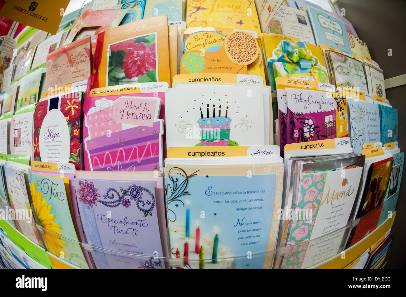 Spanish language greeting cards are seen in a a display in a store in New York on Stock Photo