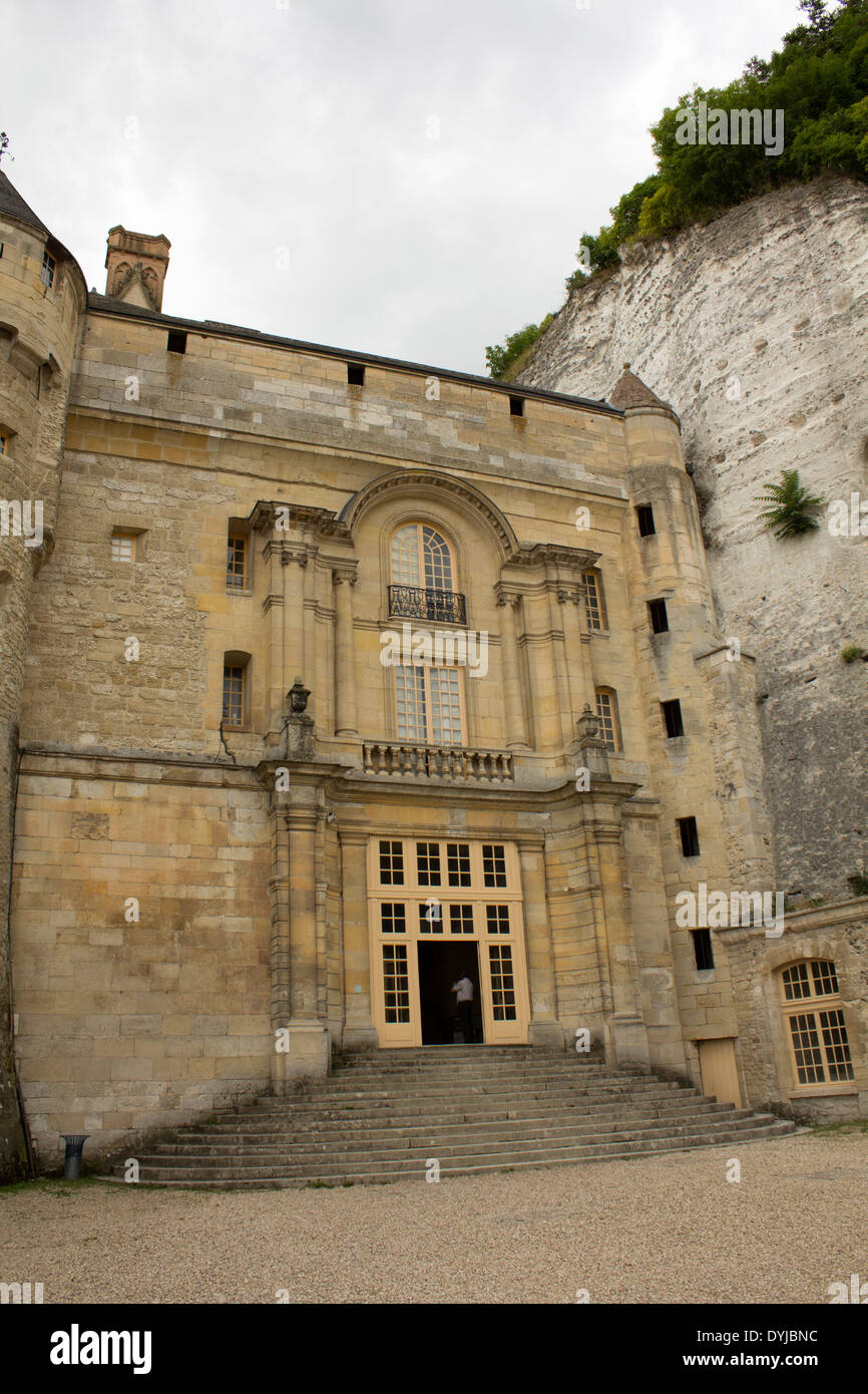 Chateau de la roche-guyon stables.  The castle is dug out of the limestone cliffs. Stock Photo