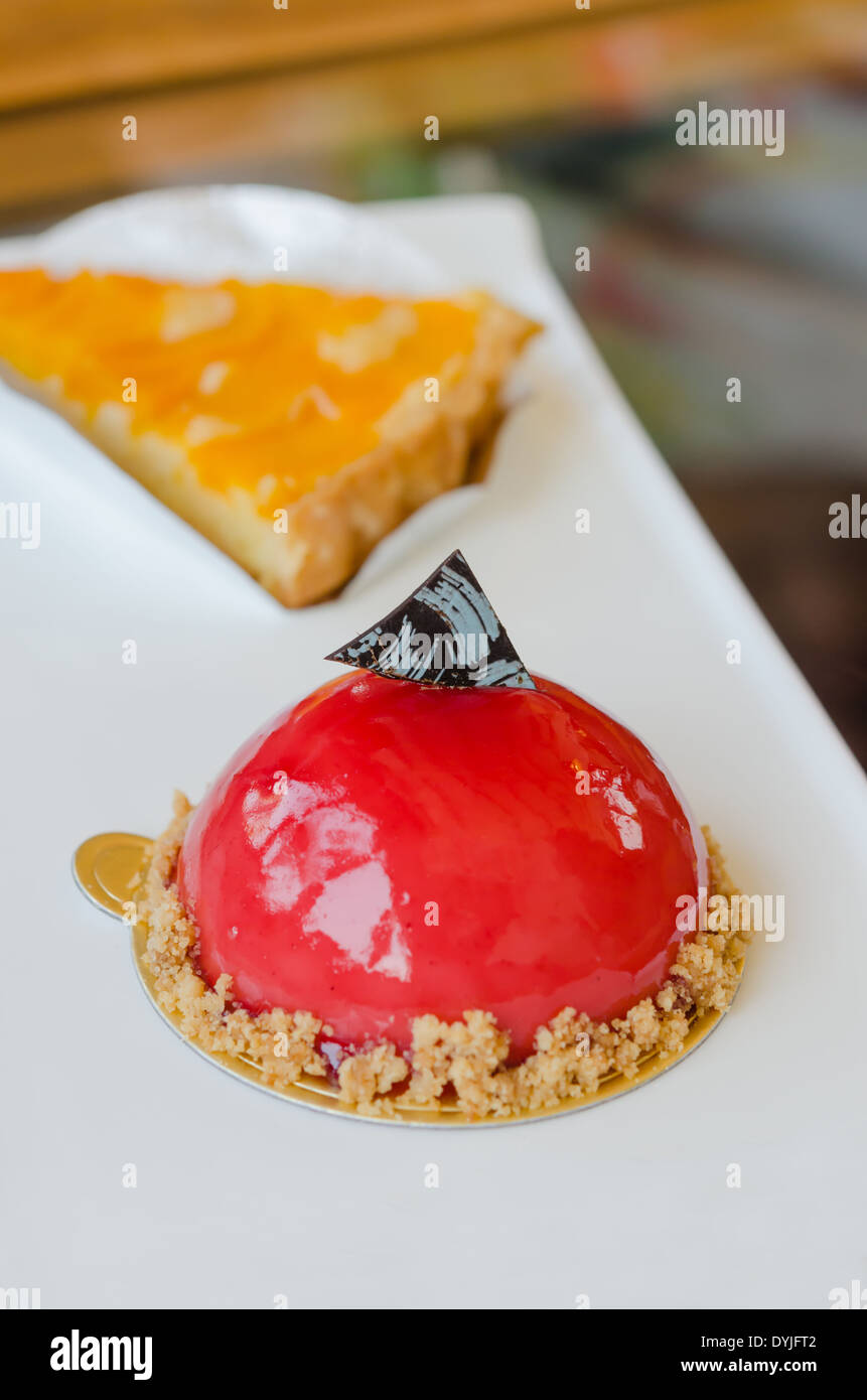Raspberry yogurt mousse , sweet red dessert on plate Stock Photo