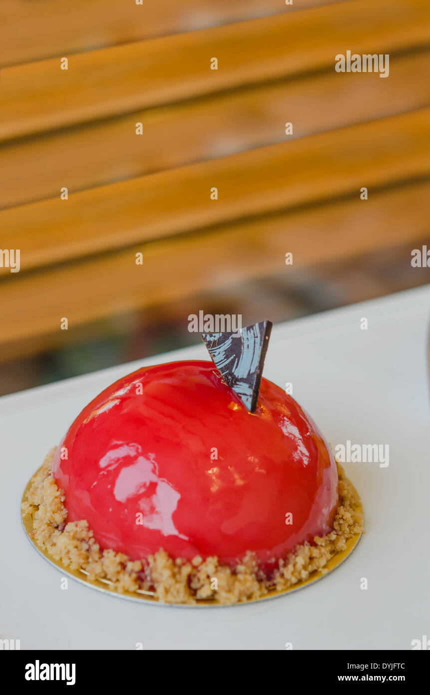 Raspberry yogurt mousse , sweet red dessert on plate Stock Photo