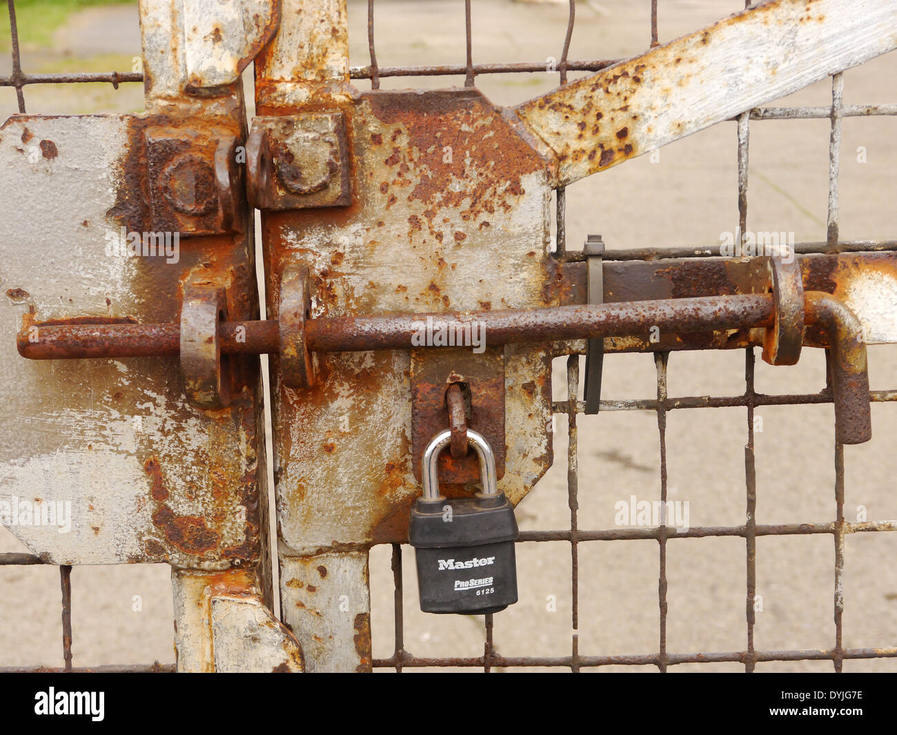 Anti-theft / burglary / crime security measures on a gate - rusted bolt and padlock Stock Photo