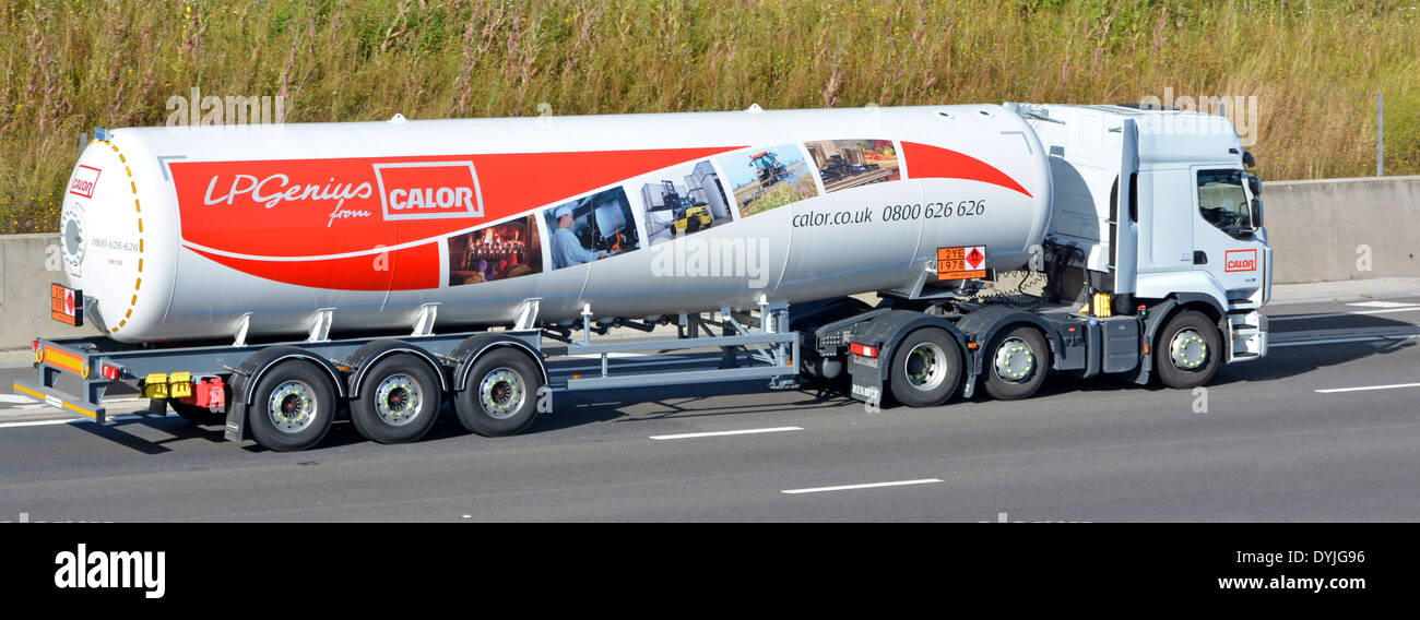 Calor Gas tanker graphics on trailer delivery lorry truck on motorway Hazchem Hazardous material & Chemicals Dangerous Goods warning signs England UK Stock Photo