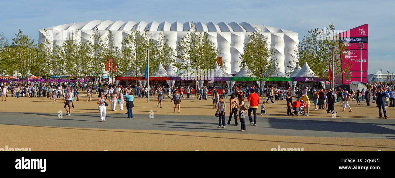 Visitors to Paralympic Games at the London 2012 Olympic Park in front of the Basketball Arena events centre Stock Photo