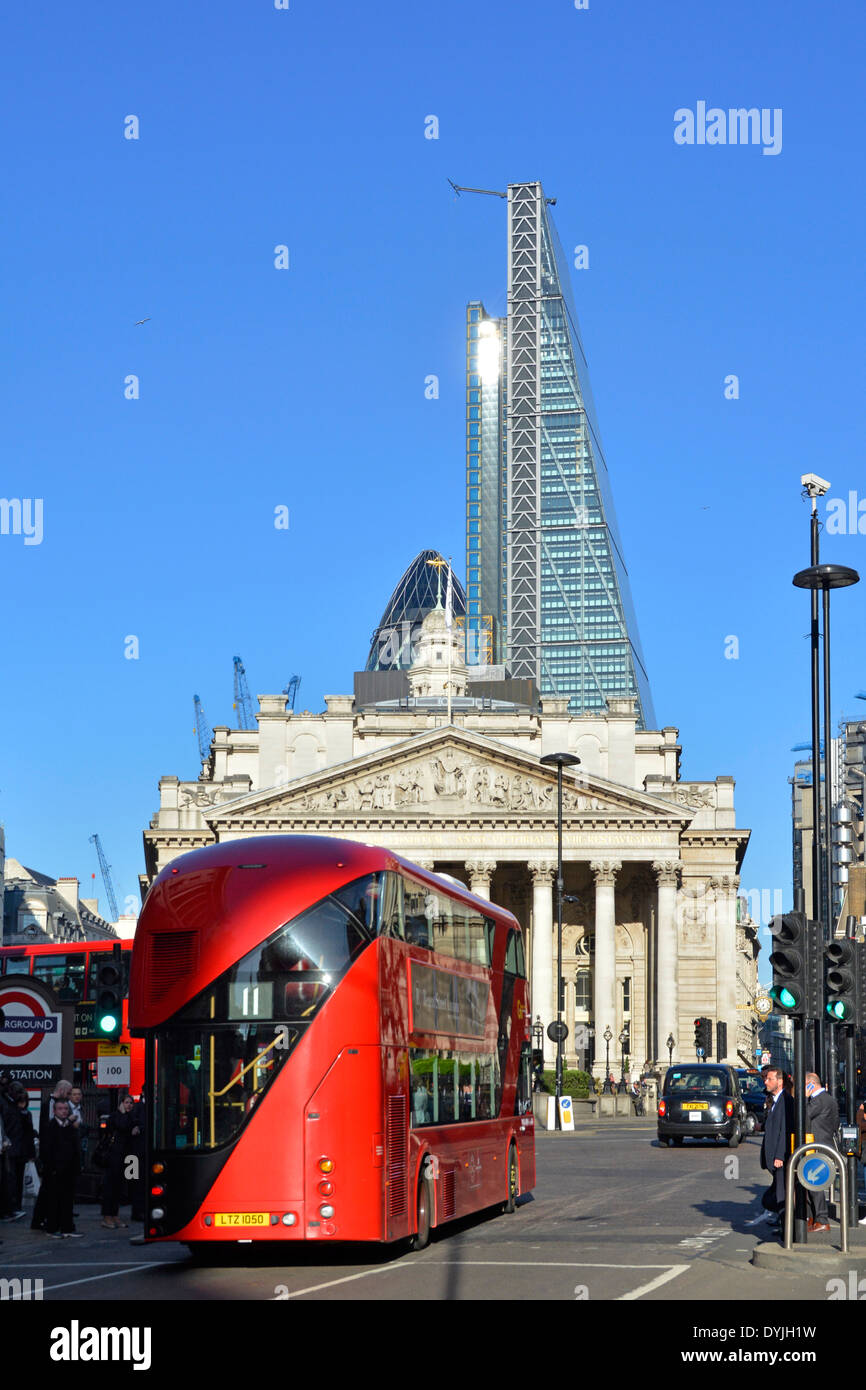 Bank road junction in the city of London with Leadenhall Cheese Grater office block towering over the Royal Exchange and Gherkin Stock Photo