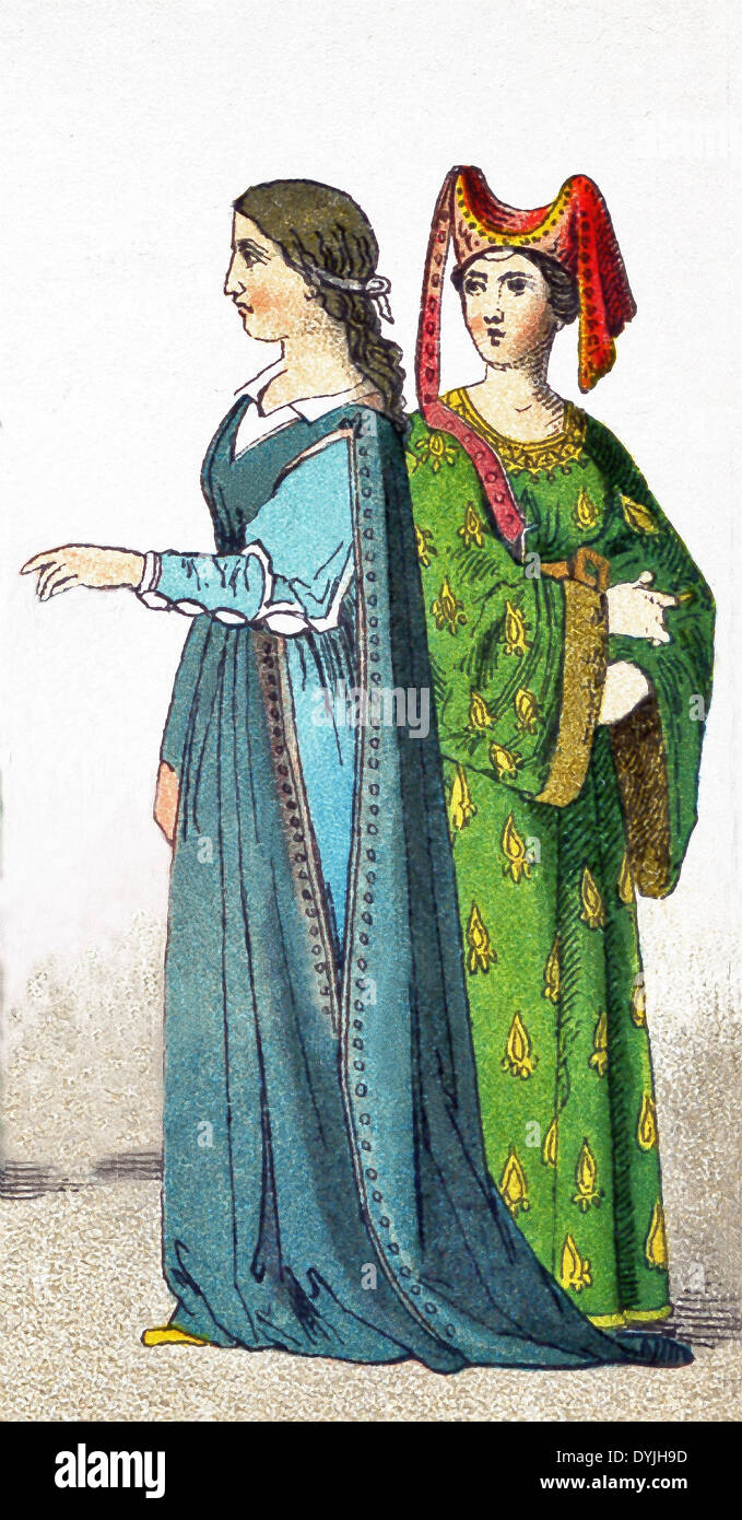 The Italians pictured here date to A.D. 1300 and are two women of rank. The illustration dates to 1882. Stock Photo