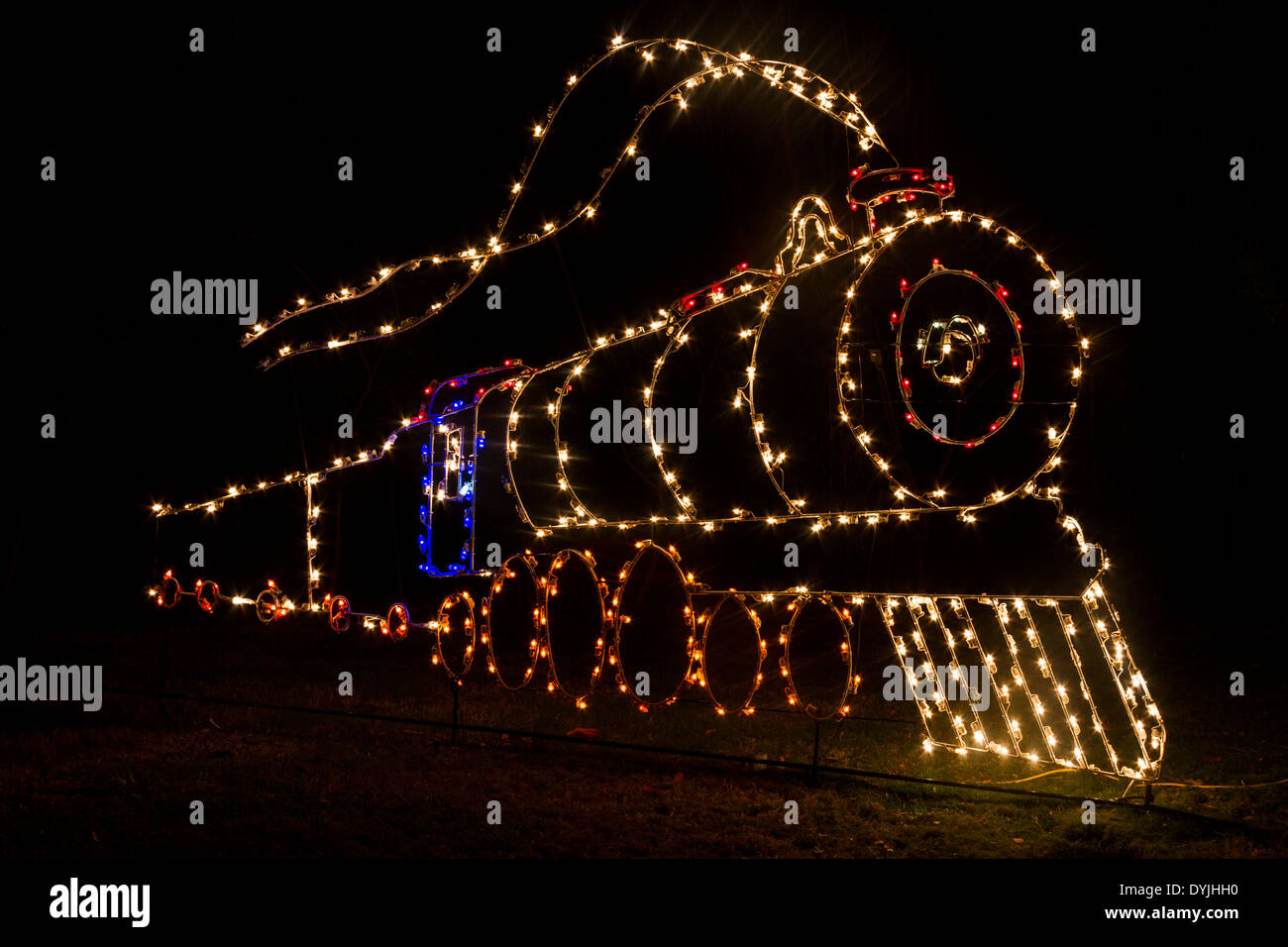 Polar Express train in Christmas lights and displays at Moody Gardens