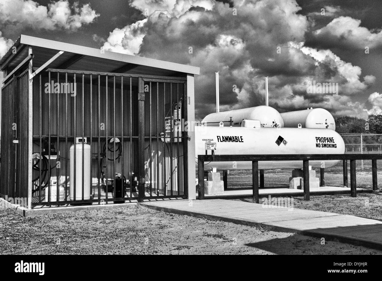 Propane storage tanks and bottle filing station in rural Texas. Stock Photo