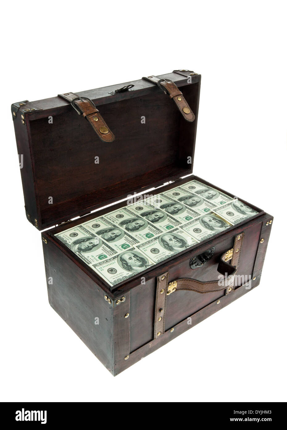 large chest with dollar banknotes. Financial crisis, crisis, debt., Truhe mit Dollar Banknoten. Finanzkrise, Schulden Stock Photo