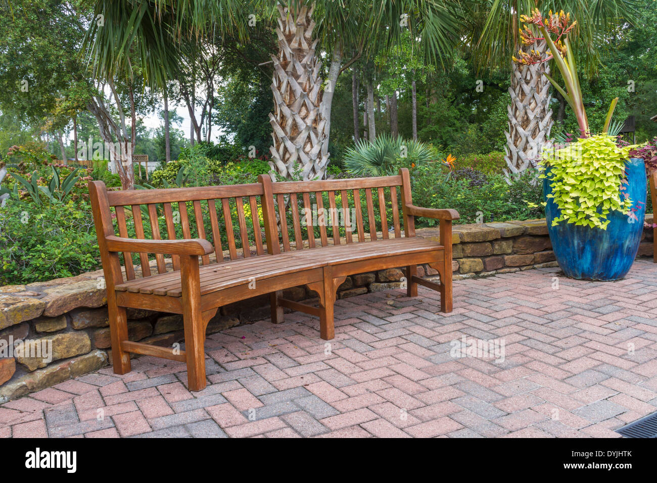 Garden scene with wooden bench Stock Photo