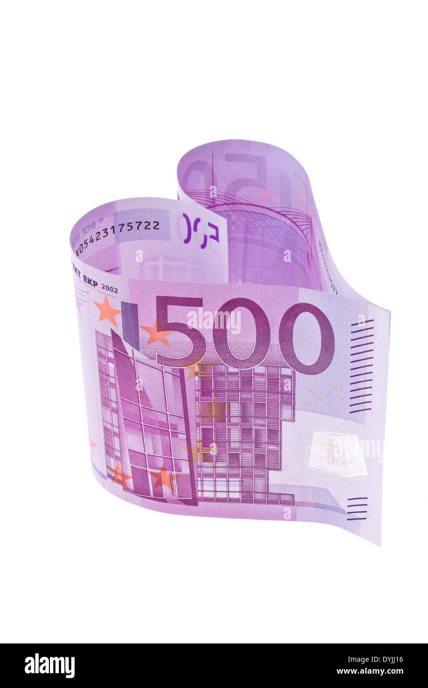500 Euro Geldschein in Form eines Herzens / 500 Euro bill with the shape of a heart, 500 Euro Geldschein in Form eines Herzens Stock Photo
