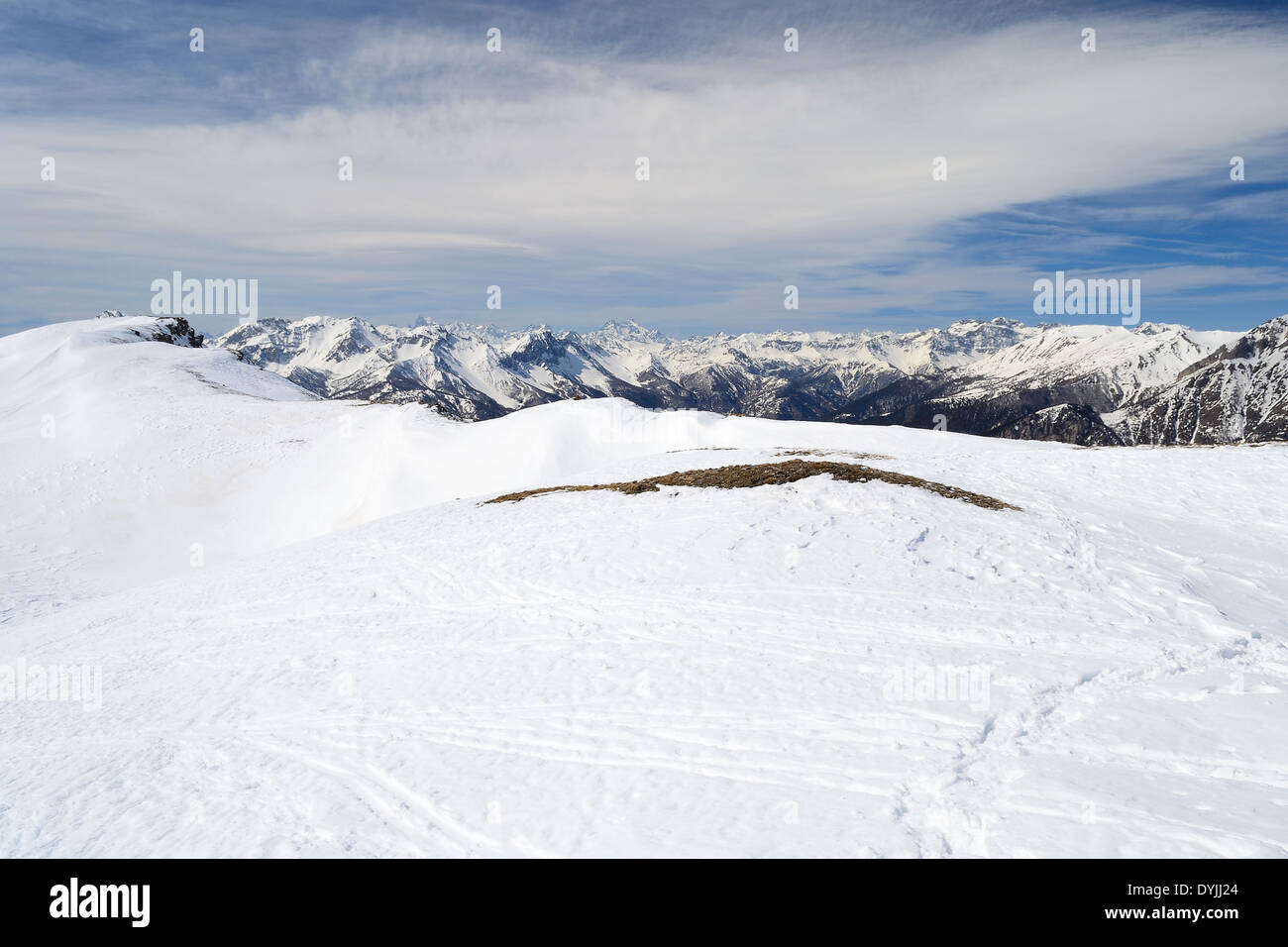 Majestic peaks in a winter scenery with Sestriere ski resort in the 