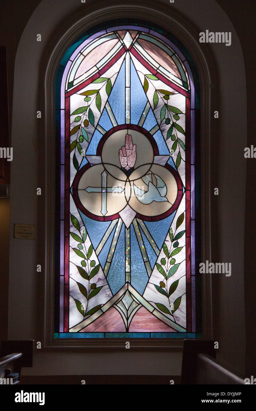 Stained glass window in interior of St. Elizabeth Catholic Church in