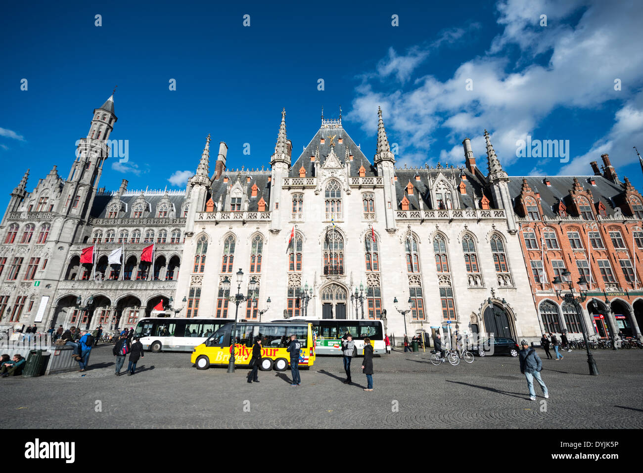 BRUGES, Belgium - The front of the Provincial Court building in the Markt (Market Square) in the historic center of Bruges, a UNESCO World Heritage site. Medieval architecture and serene canals shape the cityscape of Bruges, often referred to as 'The Venice of the North'. As a UNESCO World Heritage city, Bruges offers visitors a journey into Europe's past, with its well-preserved buildings and cobblestone streets reflecting the city's rich history. Stock Photo