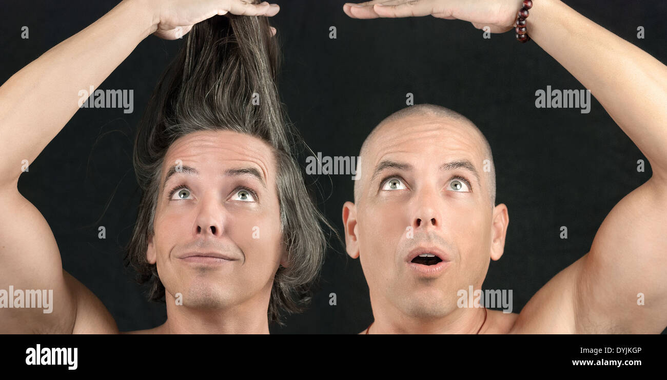 Close Up Of A Man With Long Hair Held Up Next To The Same Man