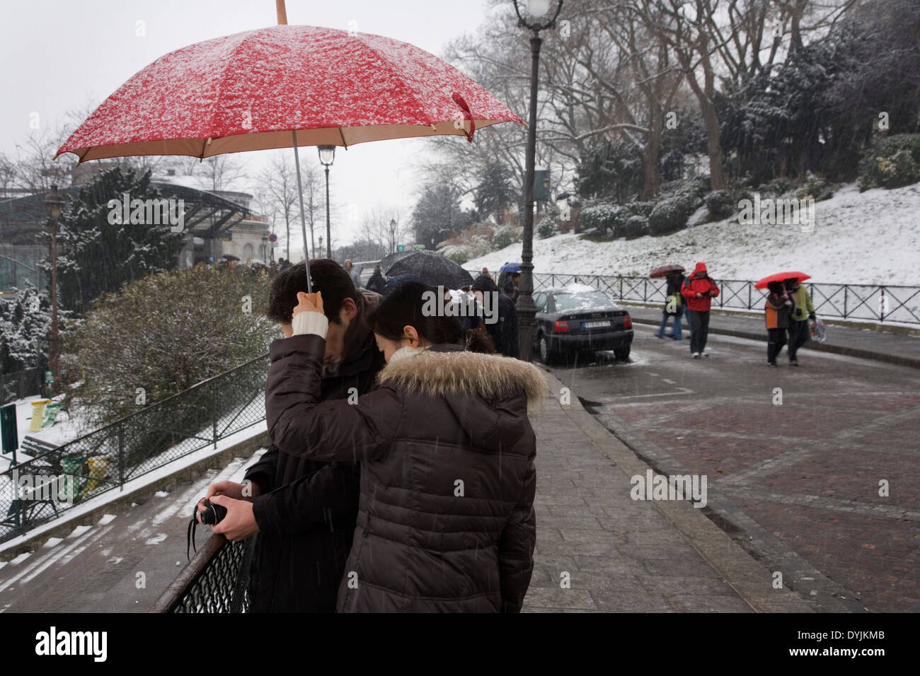 Montmartre, Paris in heavy snow. Rare winter conditions. Montmartre, Paris, France Stock Photo