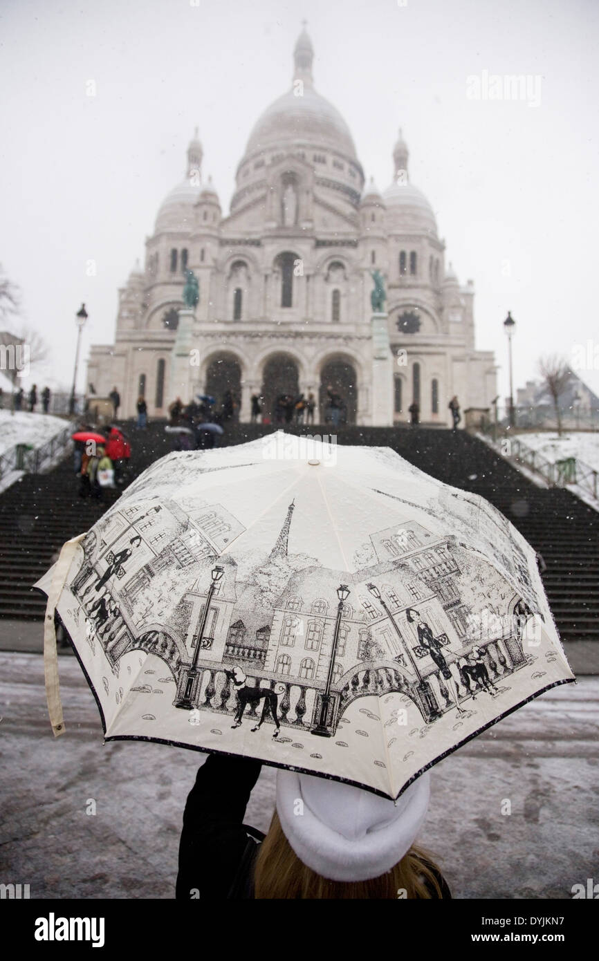 Montmartre, Paris in heavy snow. Rare winter conditions. Montmartre, Paris, France Stock Photo