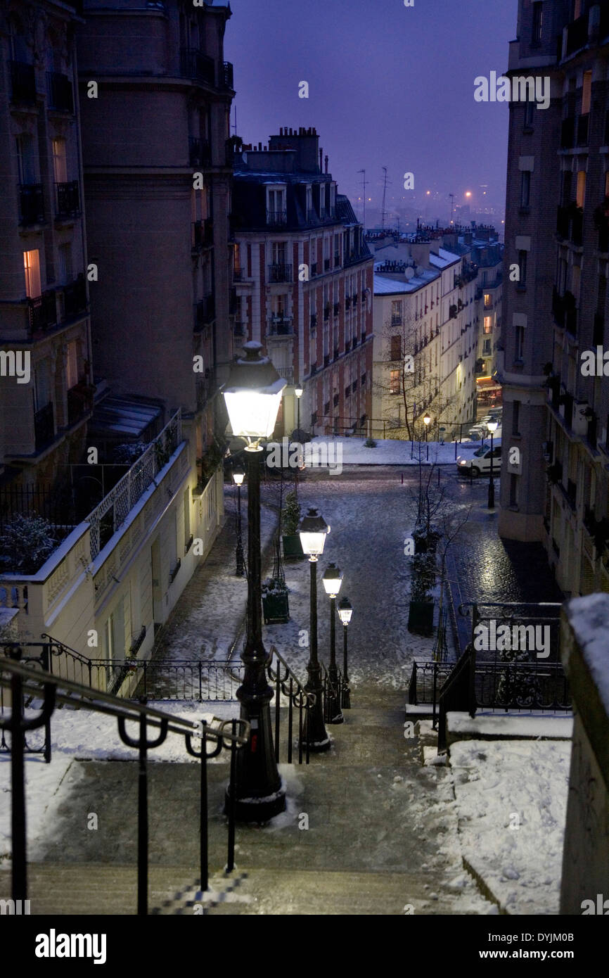 Montmartre, Paris in heavy snow. Rare winter conditions. Montmartre, Paris, France Stock Photo