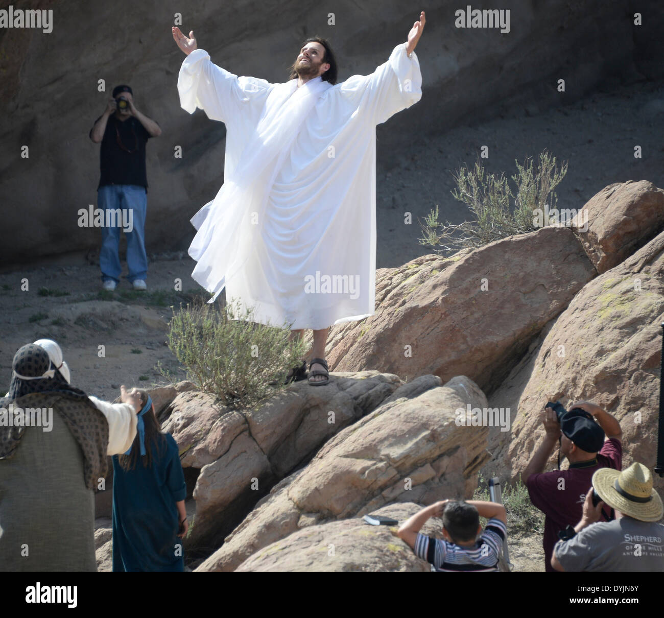 April 19, 2014, Aqua Dulce Ca. Actor Jonathan Moore plays Jesus Christ gets photo bomb by