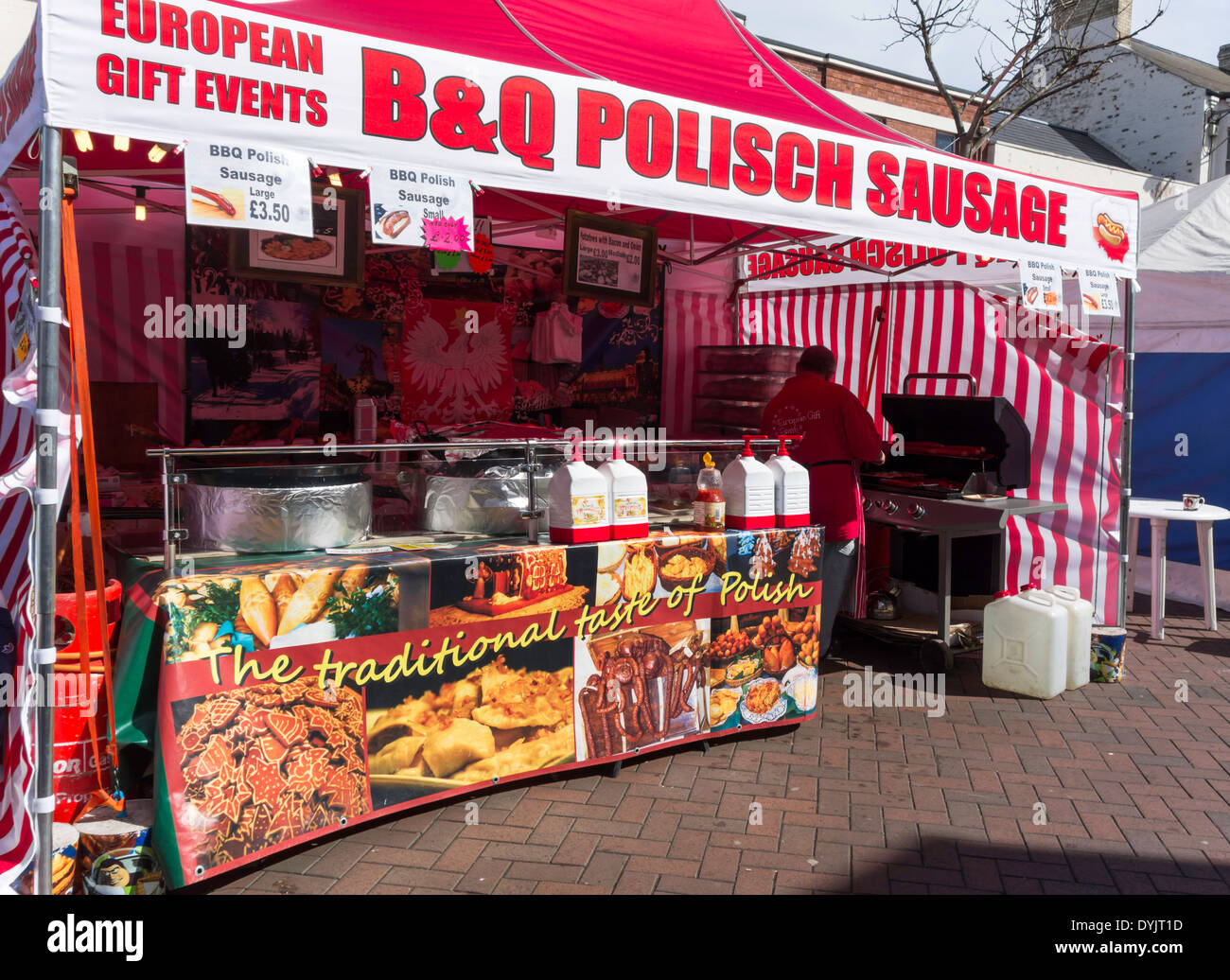 A Polish Sausage stall in a Euro street market in Redcar Cleveland North Yorkshire England UK Stock Photo