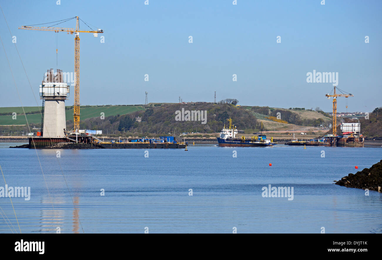Progress in building the Queensferry Crossing over the Firth of Forth between Lothian and Fife in Scotland Stock Photo